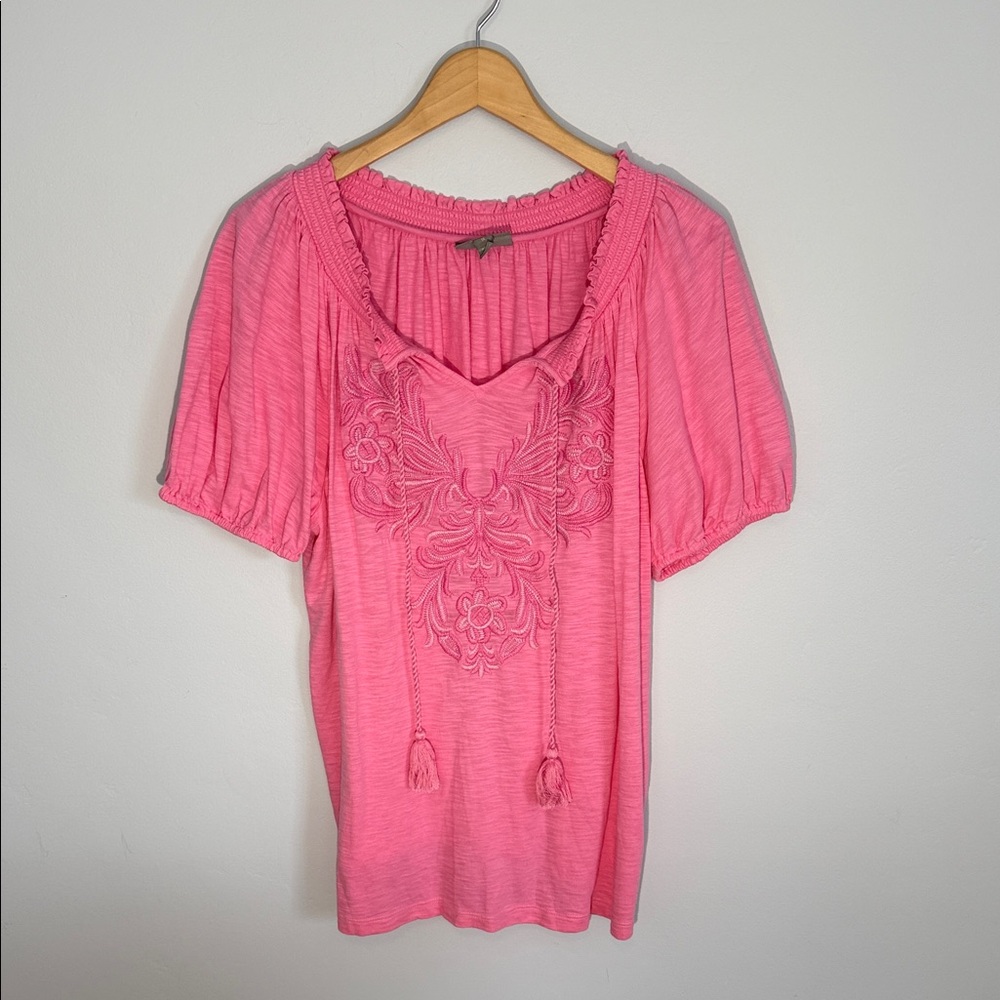 Style & Co Pink Embroidered Blouse 1X Cute Feminine Tee Top
